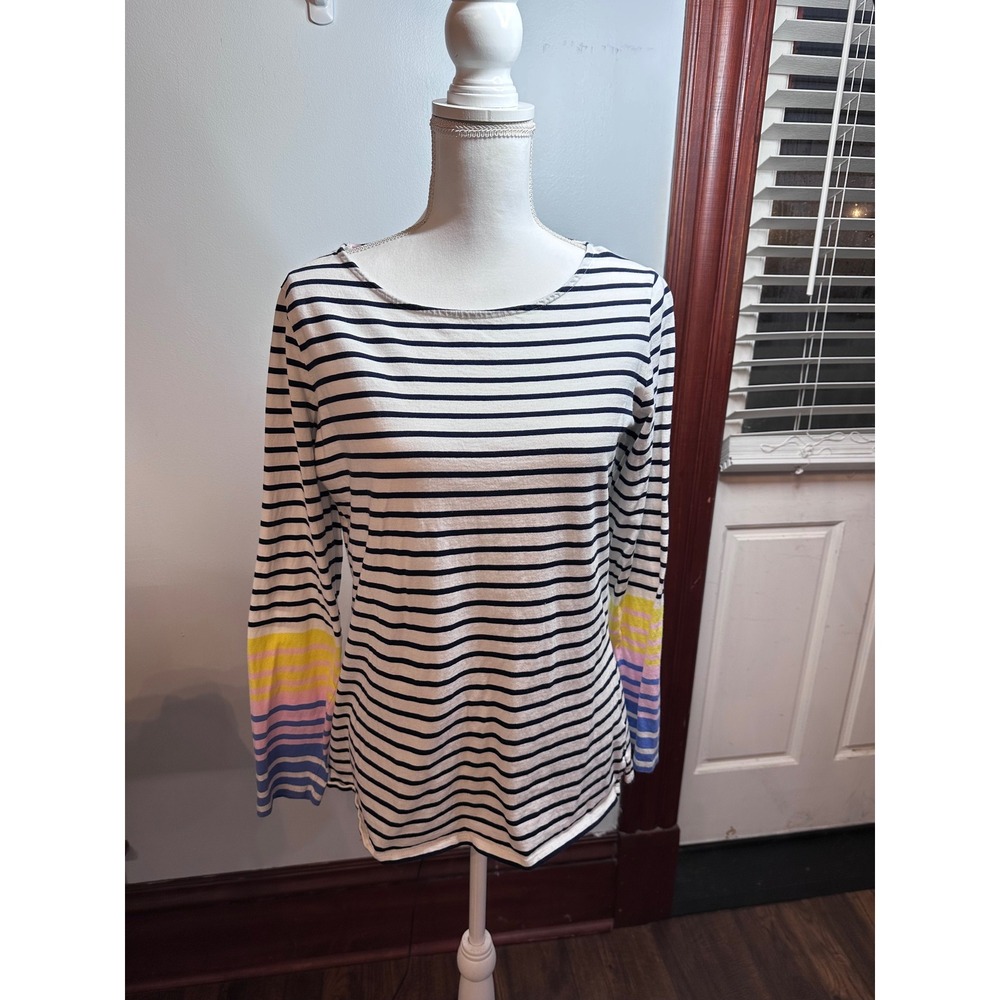 Boden Womens US 10 Navy White Striped Long Sleeve Top Rainbow Ombre Cuffs Cotton